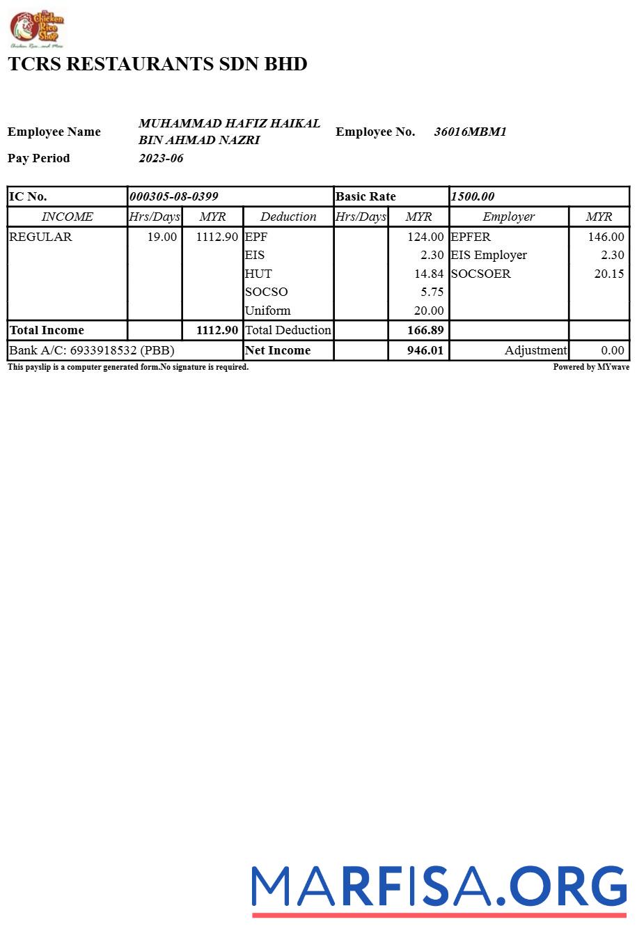 Realistic TCRS Restaurants payslip template
